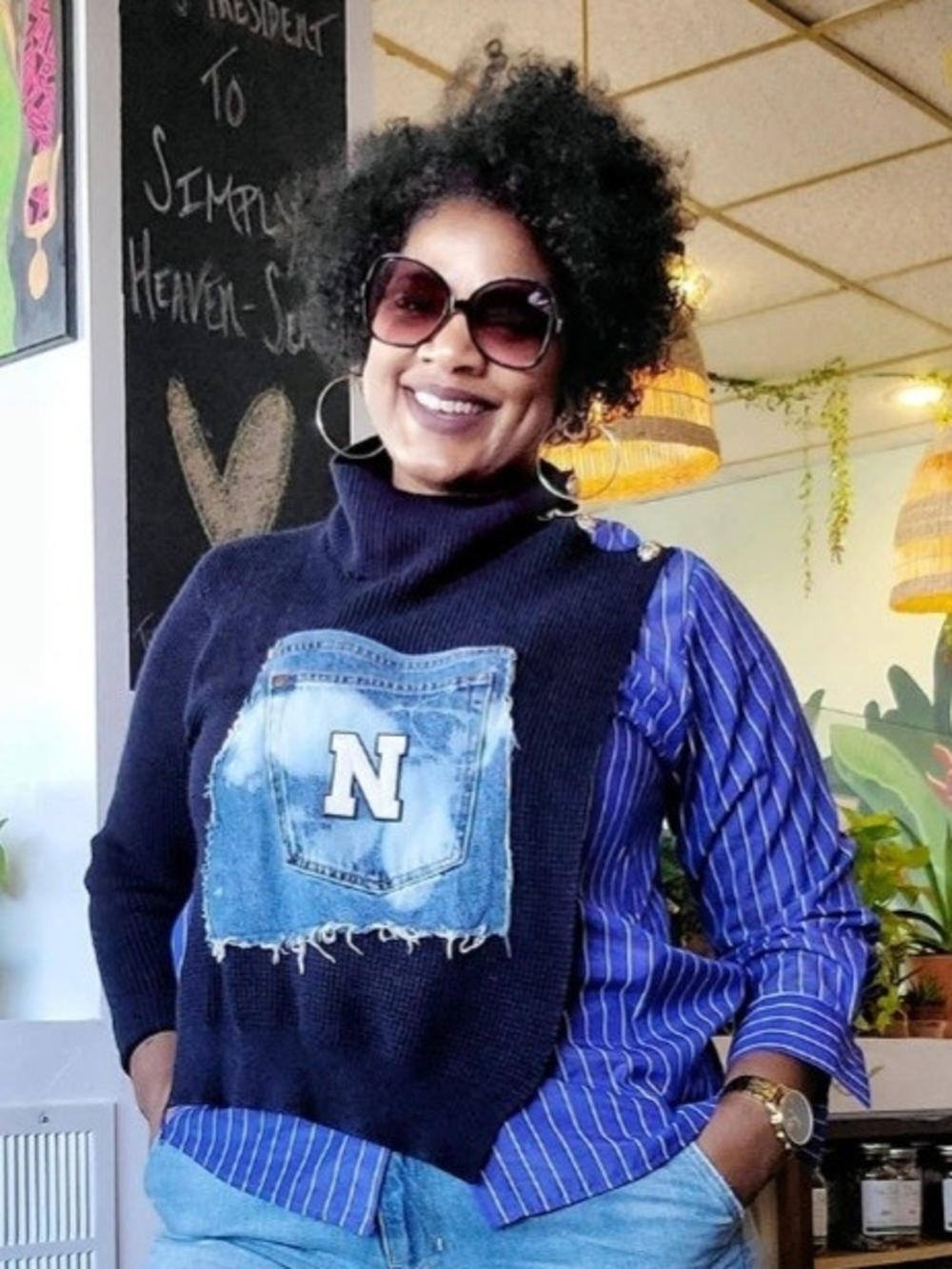 Navy Blue Turtleneck Sweater Vest with Denim Patch - Women